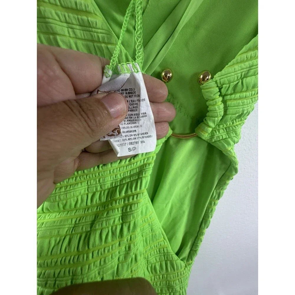 Neon Green Textured One Piece Swimsuit Open Back Ring Detail Criss Cross Size S